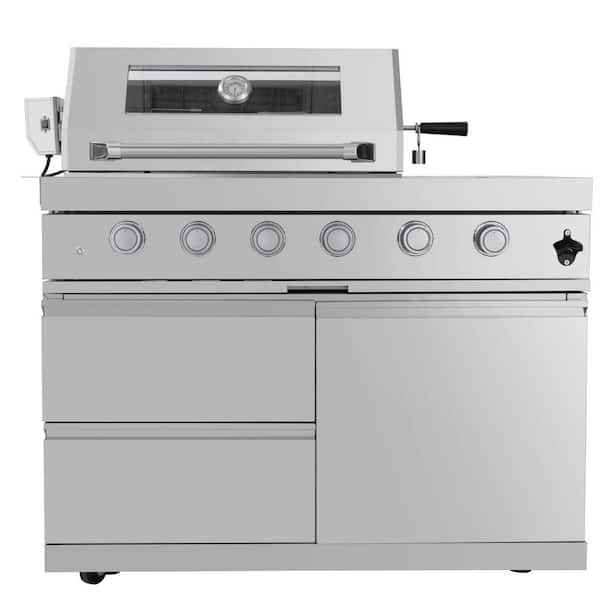 4-Burner Propane Grill Island with Side Burner Rotisserie and Storage Cabinet in Stainless steel