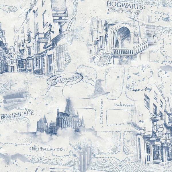 Harry Potter Map Blue Matte Finish Peel and Stick Vinyl Wallpaper