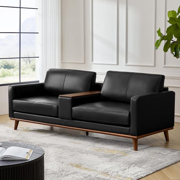 Estefan Black 89 in. Wide Mid-century Modern Genuine Leather Sofa