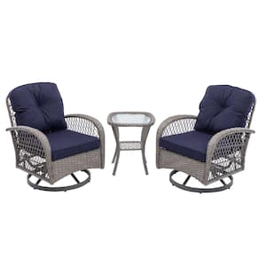 3-Piece Wicker Patio Conversation Set with 360-Degree Swivel Rocker Chairs, Glass Coffee Table and Navy Blue Cushions