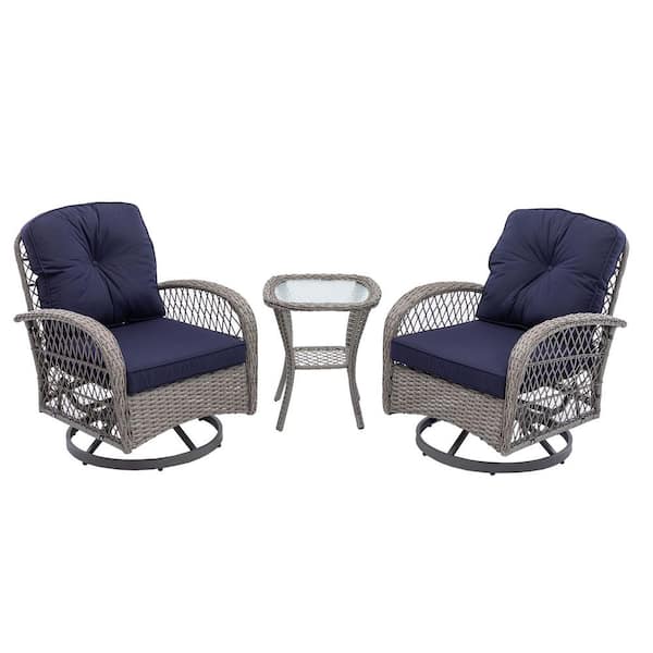 Angel Sar 3-Piece Wicker Patio Conversation Set with 360-Degree Swivel Rocker Chairs, Glass Coffee Table and Navy Blue Cushions