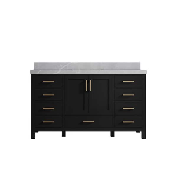 Willow Collections Malibu 60 in. W x 22 in. D x 36 in. H Single Sink Bath Vanity in Black with 2 in. Pearl Gray Quartz Top