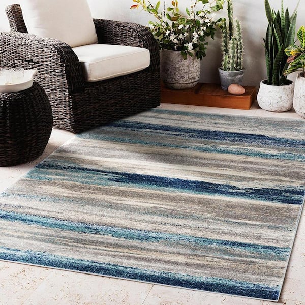 Blue 5 ft. x 7 ft. Modern Abstract Polypropylene Indoor/Outdoor Area Rug