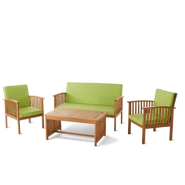 Noble House 4-Piece Wood Outdoor Patio Conversation Set with Light Green Cushions