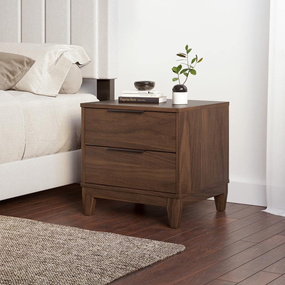 Mackay 2-Drawer Walnut Laminate Nightstand with Storage - Modern Wood Bedsi