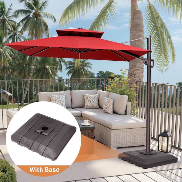 Double Top 9 ft. x 12 ft. Aluminum 360 Degree Swivel Tilt Cantilever Outdoor Patio Umbrella in Red with Umbrella Base