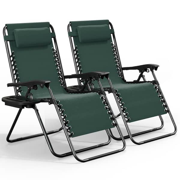 2-Piece Forest Green Zero Gravity Chairs, Metal Outdoor Lawn Chair with Pillow and Cup Holder Tray