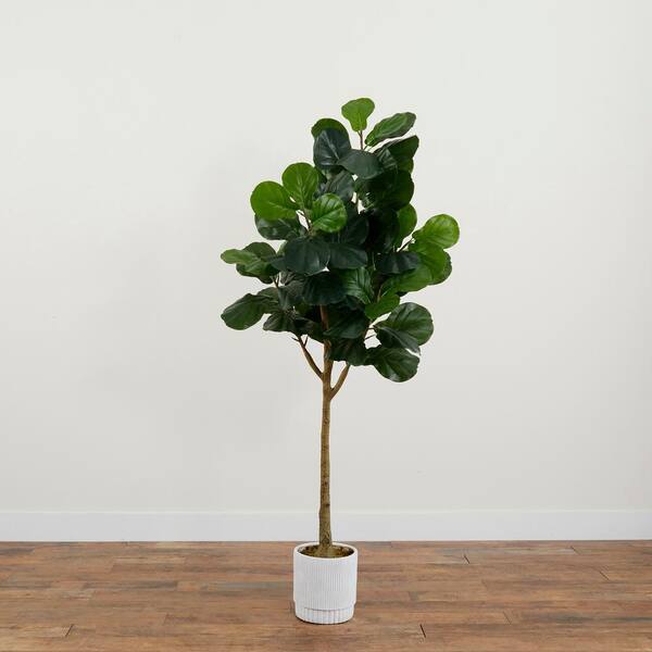 Nearly Natural 72 in. Green Artificial Fiddle Leaf Fig Tree in White Decorative Planter