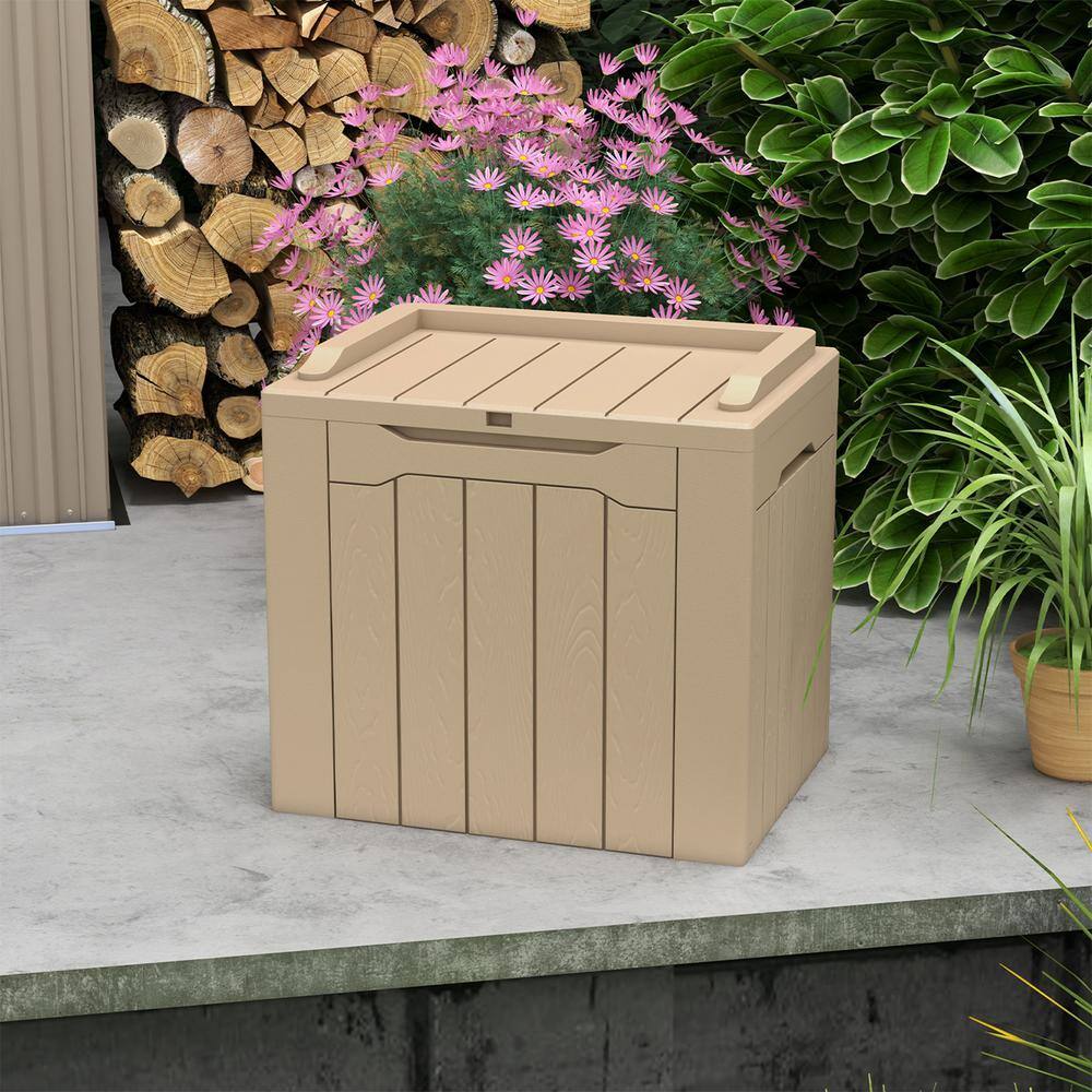 32 gal. Wood-Grain Deck Box with Seat, Outdoor Lockable Storage Box for Patio Furniture in Light Brown