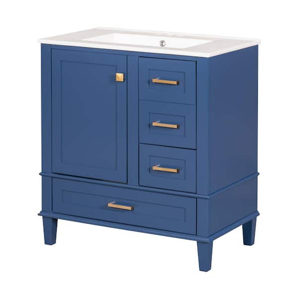 Polibi 30 in. W x 18 in. D x 34 in. H Bath Vanity in Blue with Soft Closing Door, Solid Wood Frame and 3-Drawers
