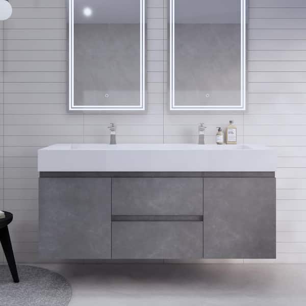 Monterey 59 in. W x 20 in. D x 26 in. H Double Sink Floating Bath Vanity in Cement Grey with White Acrylic Top