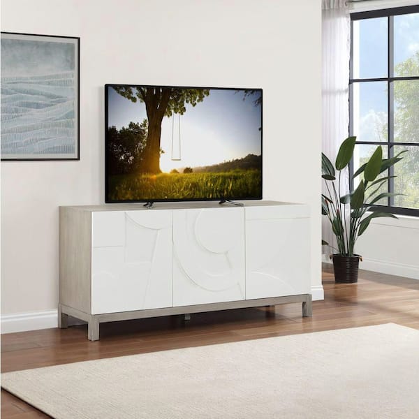 White Wood 68 in. x 32 in. 3-Door and 1-Interior Drawer Sideboard with Various Carved Shapes and Gray Frame