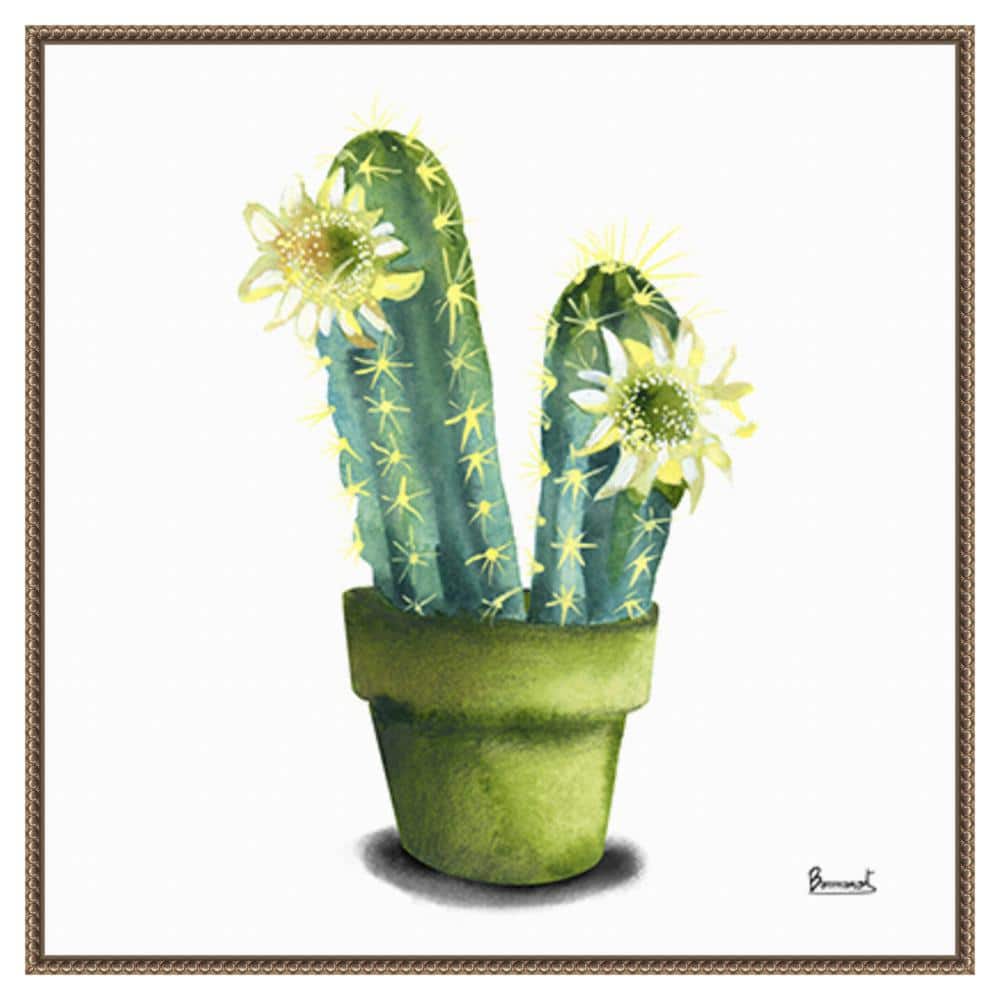 Cactus Flowers II Green and Yellow Canvas Print with Bronze Frame