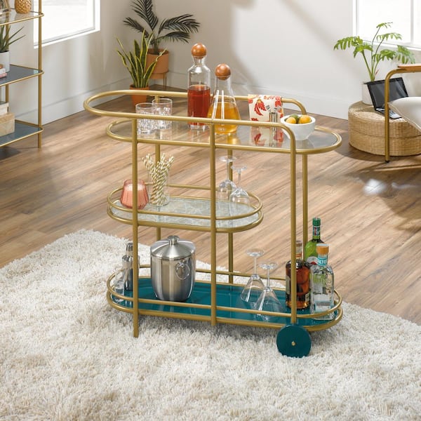 New Gold Drinks Trolley With  2 Glass Shelves Mini Bar Cocktail Drink Side Table 