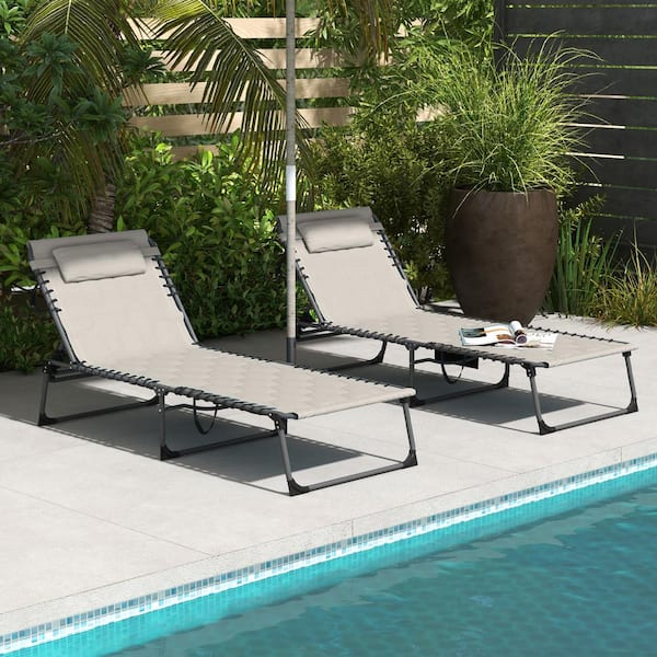 Otryad Khaki Metal Outdoor Chaise Lounge with 5-level Reclining Back, 2-Piece Folding Lounge Tanning Chair with Padded Seat