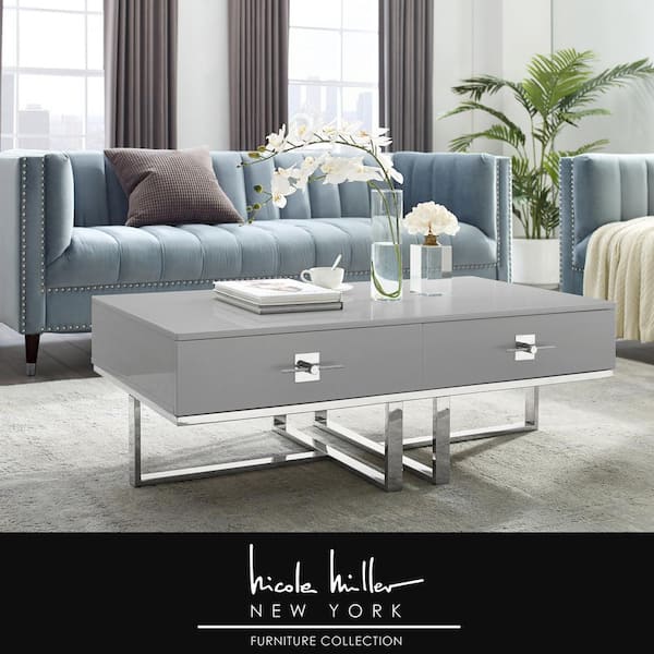 Nicole Miller Maui 48 In Light Gray Chrome Large Rectangle Wood Coffee Table With Drawers Nct197 09lg Hd The Home Depot