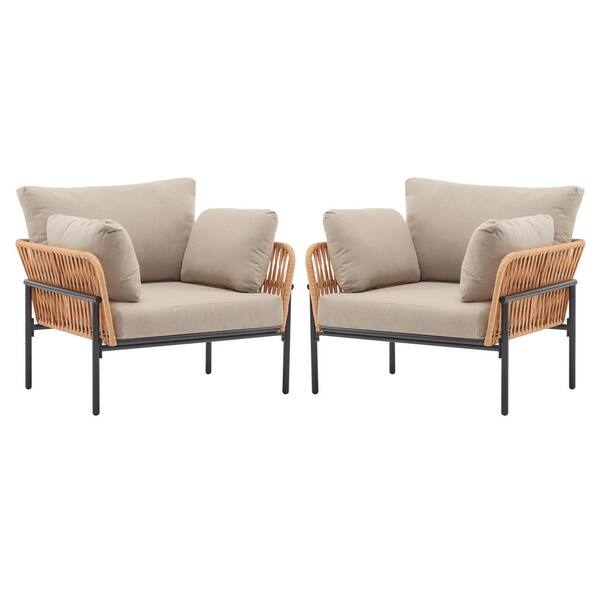 2-Piece 36 in. Beige and Light Wood-Tone Rope Iron Lounge Chair with Cushions