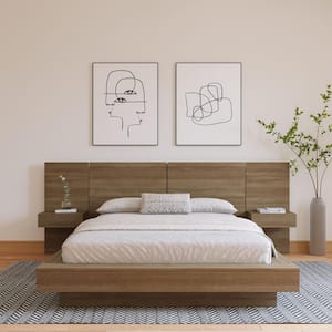 Napa 4-Piece Brown Oak Frame Queen Size Platform Bedroom Set with Floating Nightstand