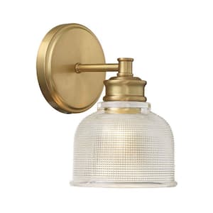 5 in. x 9.5 in. 1-Light Natural Brass Traditional Wall Sconce with Textured Glass Shade