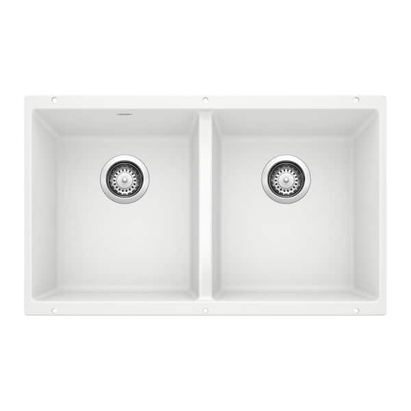 Blanco PRECIS Undermount Granite Composite 29.75 in. 50/50 Double Bowl Kitchen Sink in White