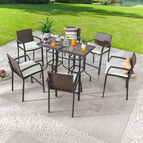 Patio Festival 8-Piece Wicker Bar Outdoor Dining Set with Beige Cushions