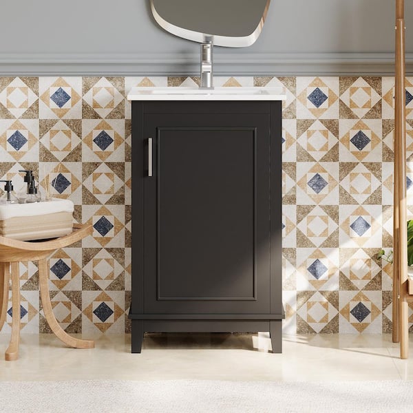 EPOWP 20 in. W x 15.5 in. D x 33.3 in. H Single Sink Freestanding Bath Vanity in Black with White Ceramic Top and Storage