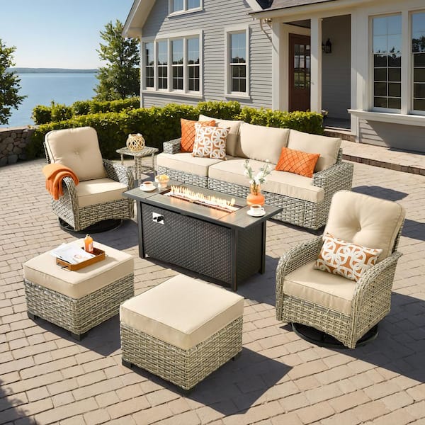 HOOOWOOO Kelleys 9-Piece Wicker Modern Outdoor Patio Fire Pit Conversation Sofa Set with Swivel Chairs and Beige Cushions