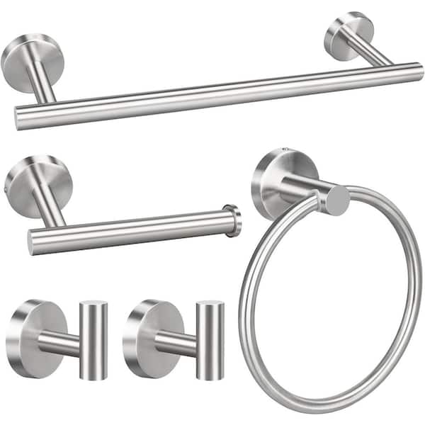 Unbranded 5-Pieces Bath Hardware Set-16 in. Hand Towel Bars, Toilet Paper Holders, Towel Rings, Robe Towel Hooks in Brushed Nickel