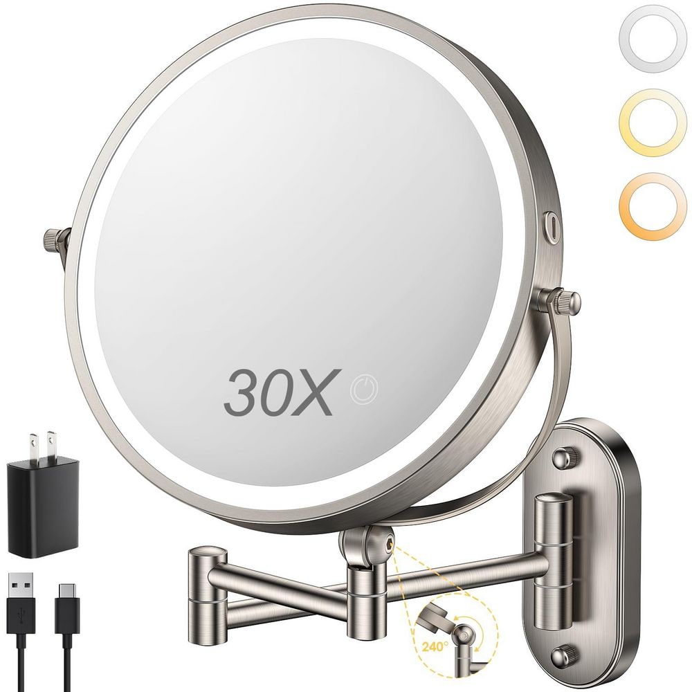 9 in. W x 9 in. H Round Wall Mounted Double Sided 1X30X Magnifying Bathroom Makeup Mirror in Nickel with 3 Color Lights price history on PriceWatchPro