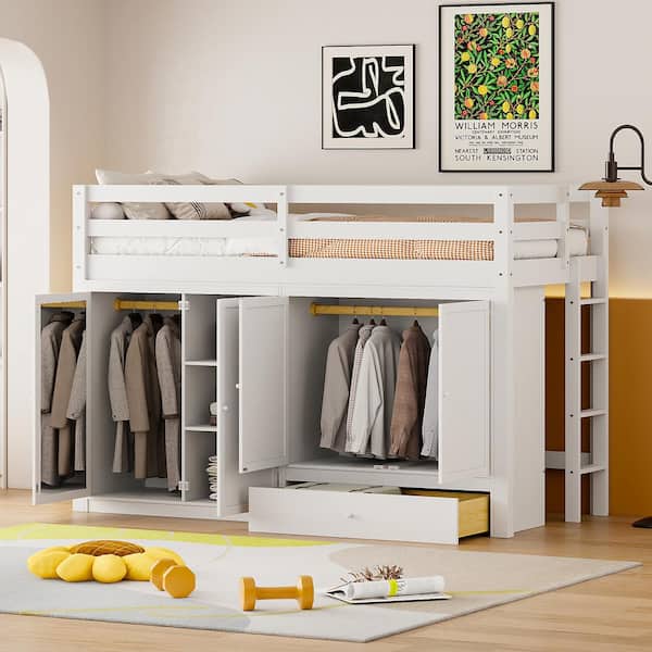 Nestfair White Wood Frame Twin size Loft Bed with Drawer, 2 Wardrobes and Mirror