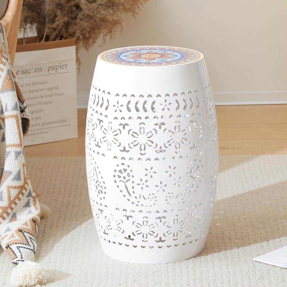 12 in. Ceramic Tile Iron Side Table -White, for snacks, beverages, and plan