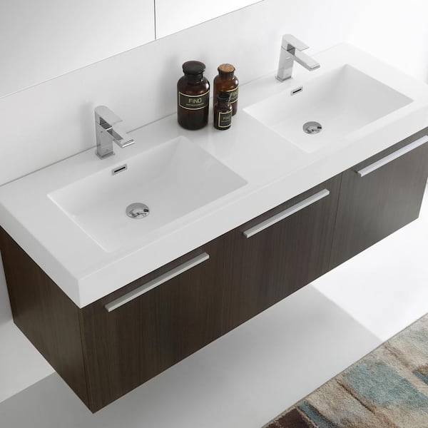 Vista 59 in. Vanity in Gray Oak with Acrylic Vanity Top in White with White Basins and Mirrored Medicine Cabinet