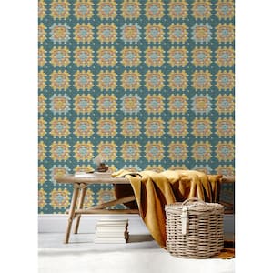 Green Maud Teal Crochet Geometric Fabric Pre-Pasted Matte Strippable Wallpaper