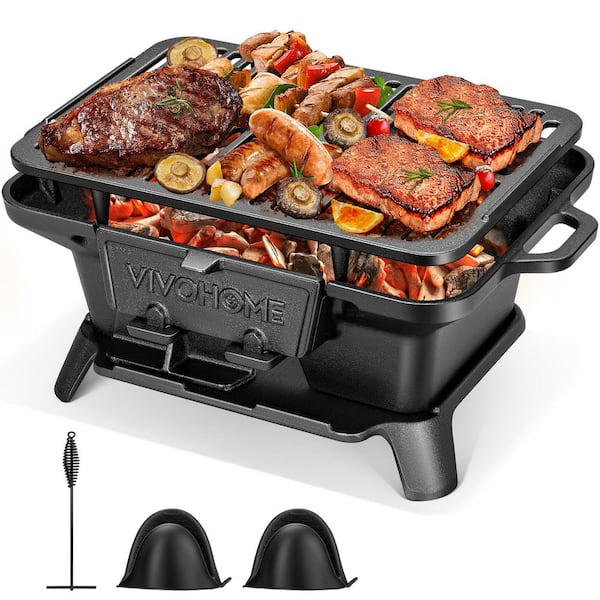 Portable Rectangle Cast Iron Charcoal Grill in Black with Double-Sided Grate for Outdoor Camping