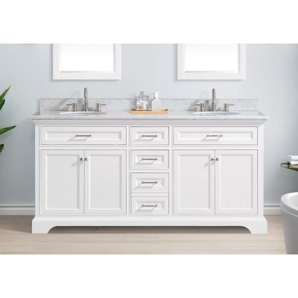 Home Decorators Collection Windlowe 73 in. W x 22 in. D x 35 in. H Freestanding Bath Vanity in White with Carrara White Marble Top
