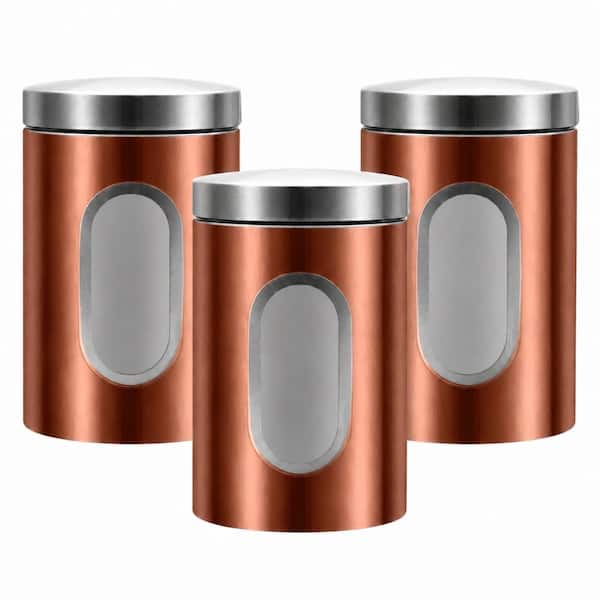 3-Piece Bronze Stainless Steel Decorative Kitchen Canister Set with Clear Windows and Airtight Lids