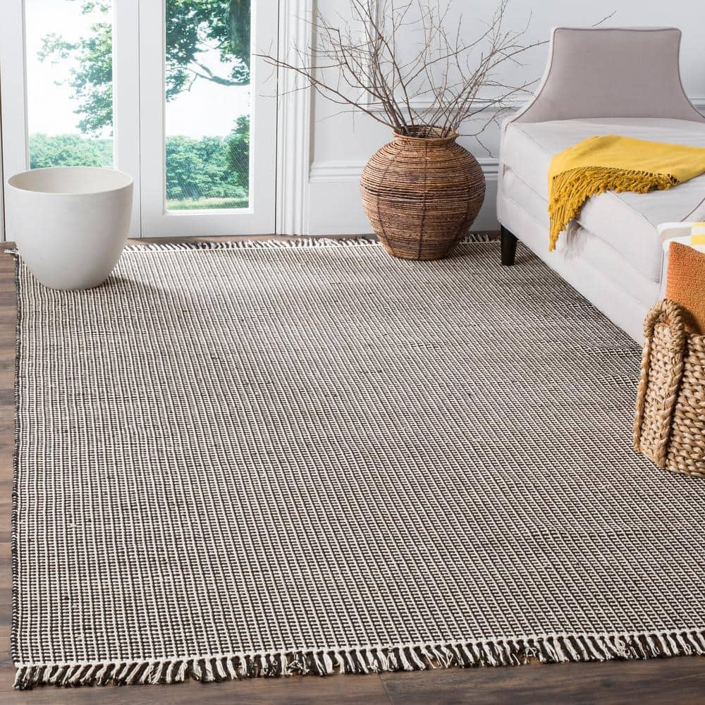 Ivory and Black Handwoven Cotton Flat Weave Rug, 3' x 5'
