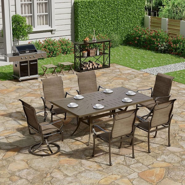 7-Piece Brown Cast Aluminum Outdoor Patio Dining Set with Rectangular Retro Table and Textilene Seat Chairs
