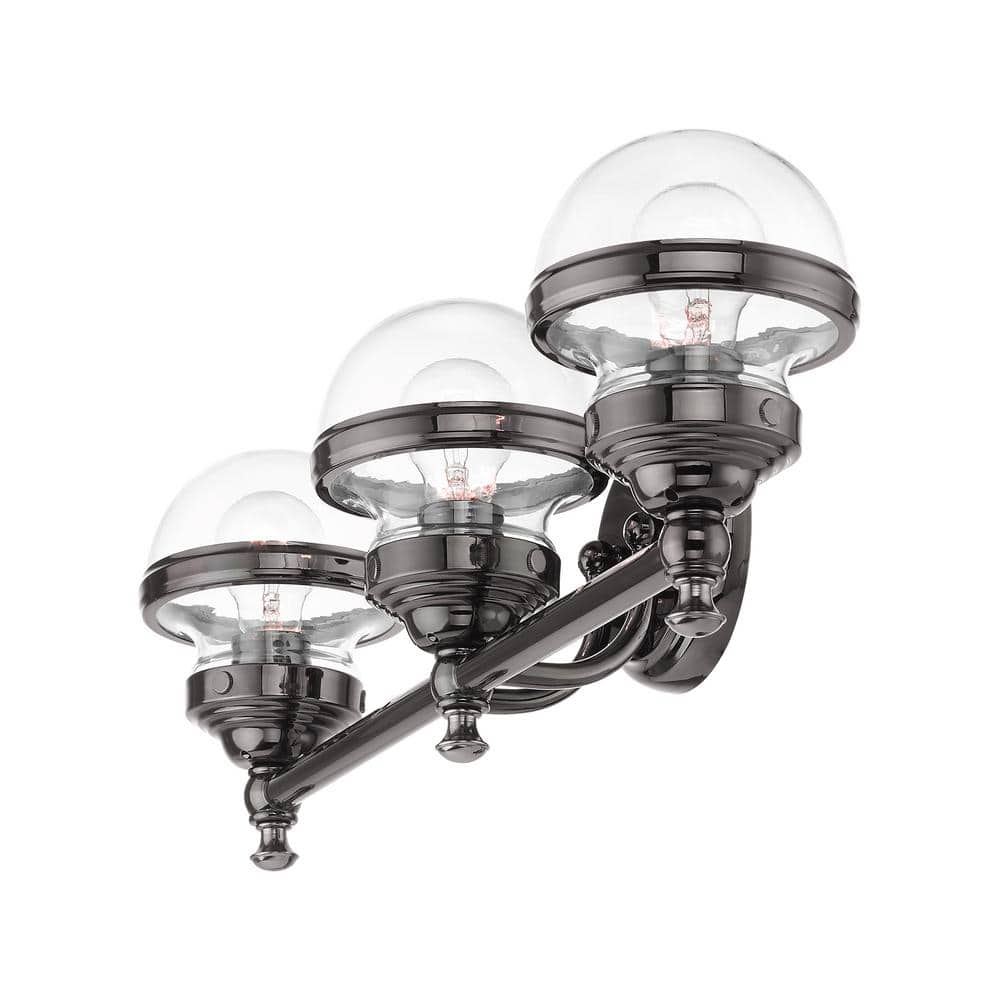 Polished Black Chrome 3-Light Vanity with Hand Blown Clear Glass
