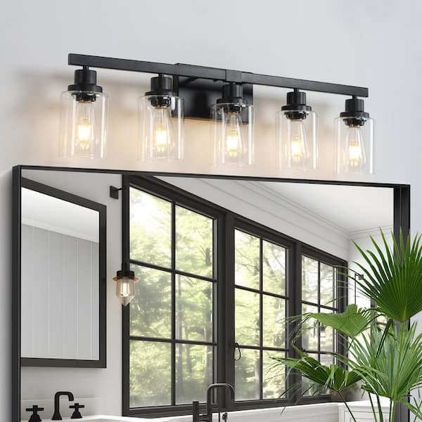Byteany 31 in. 5-Light Black Vanity Light with Clear Glass Shades