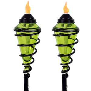 Green Glass Citronella Torch with Metal Swirl (Set of 2)