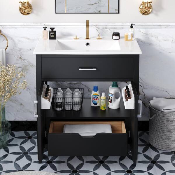 Findepot 30 Inch Floating Vanity Bathroom With Sink, Painted Bathroom Vanity Cabinet Combo With Ceramics Sink Top, Soft Close Cabinet Door & Open Storage Right Shelf, Modern Wall Mounted Vanity Black