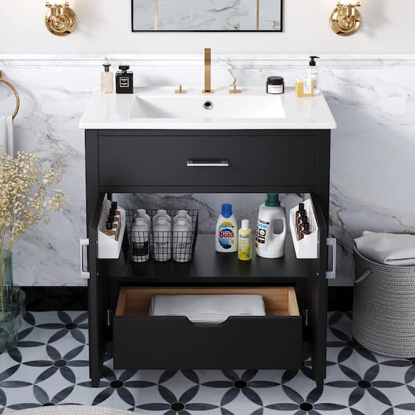30 in. W Freestanding Bath Vanity in Black with White Ceramic Top and Sink, 2 Doors