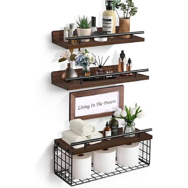 Unbranded 6 in. W x 15.7 in. D x 5.5 in. H Wall Mounted Shelves with Wire Storage Basket Set of 3, Decorative Wall Shelf, Brown