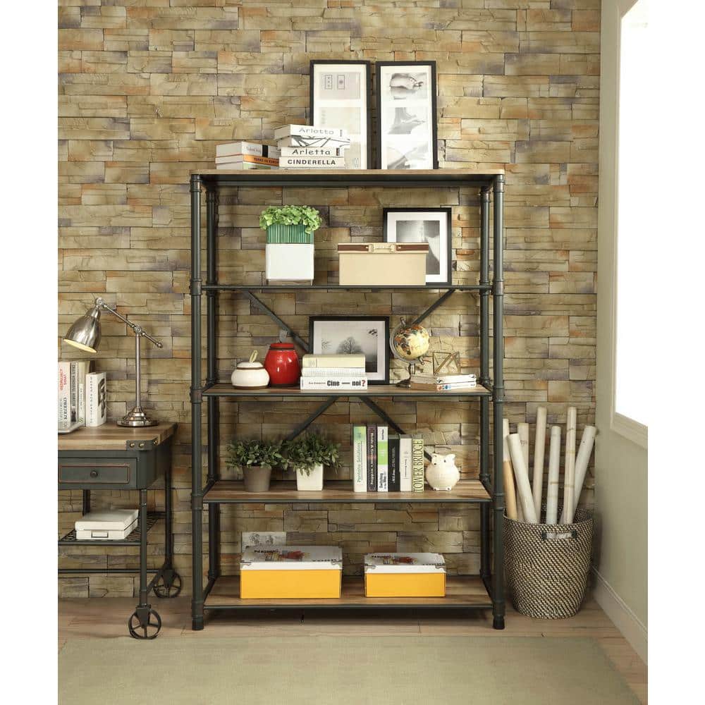 Itzel Antique Oak & Sandy Gray 4-Tier Bookshelf with Metal Frame