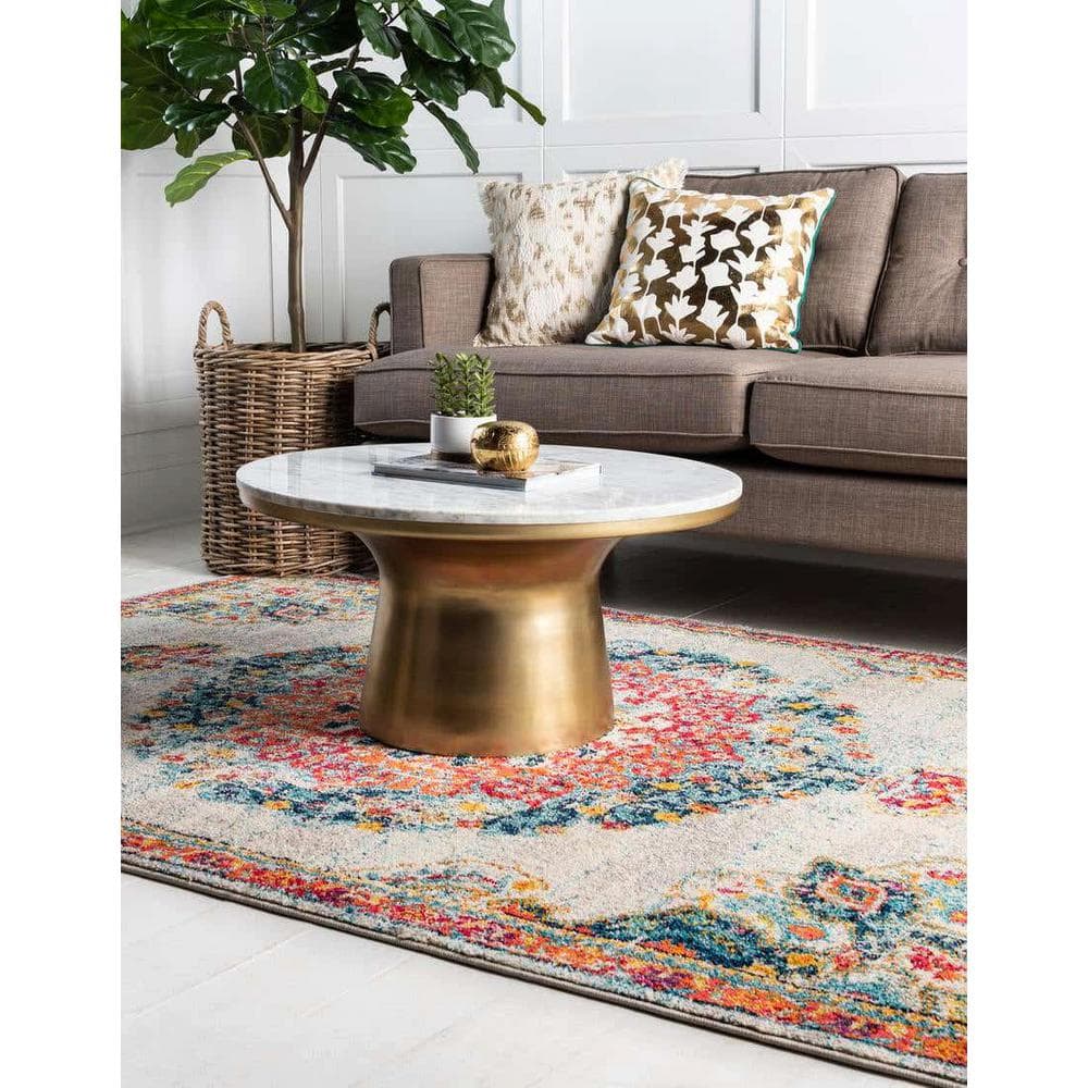 Ivory Rectangular Synthetic Easy Care Area Rug, 9' x 12'