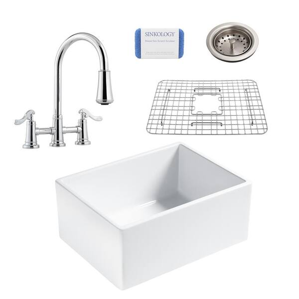 SINKOLOGY Wilcox All-in-One Farmhouse Fireclay 24 in. Single Bowl Kitchen Sink with Pfister Bridge Faucet and Drain