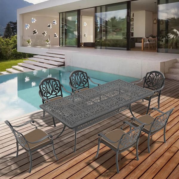 Willit Elizabeth 7-Piece Cast Aluminum Outdoor Dining Set with 86.61 in. x 42.32 in. Rectangular Table and Red Cushion