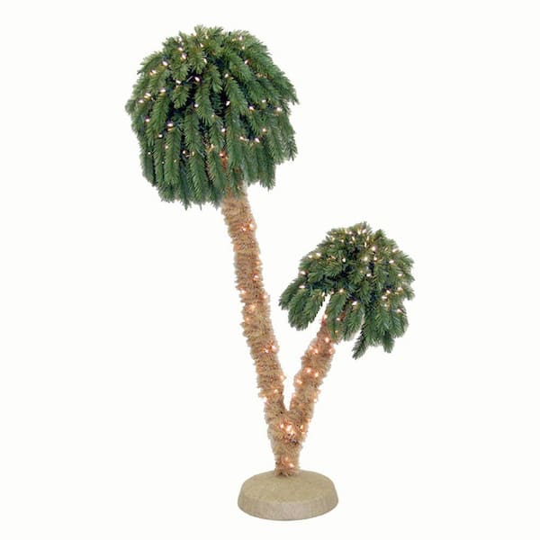 General Foam 6 ft. Pre-Lit Double Palm Artificial Christmas Trees with ...