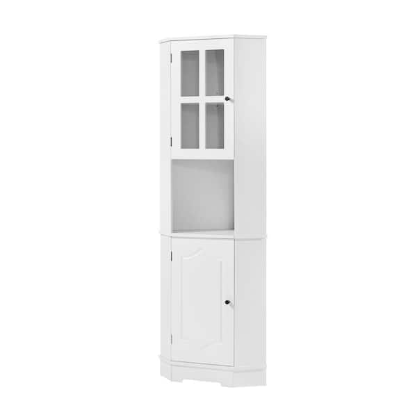 Nestfair 23.2 in. W x 15.9 in. D x 65 in. H Freestanding White Corner Linen Cabinet with Glass Door and Adjustable Shelf